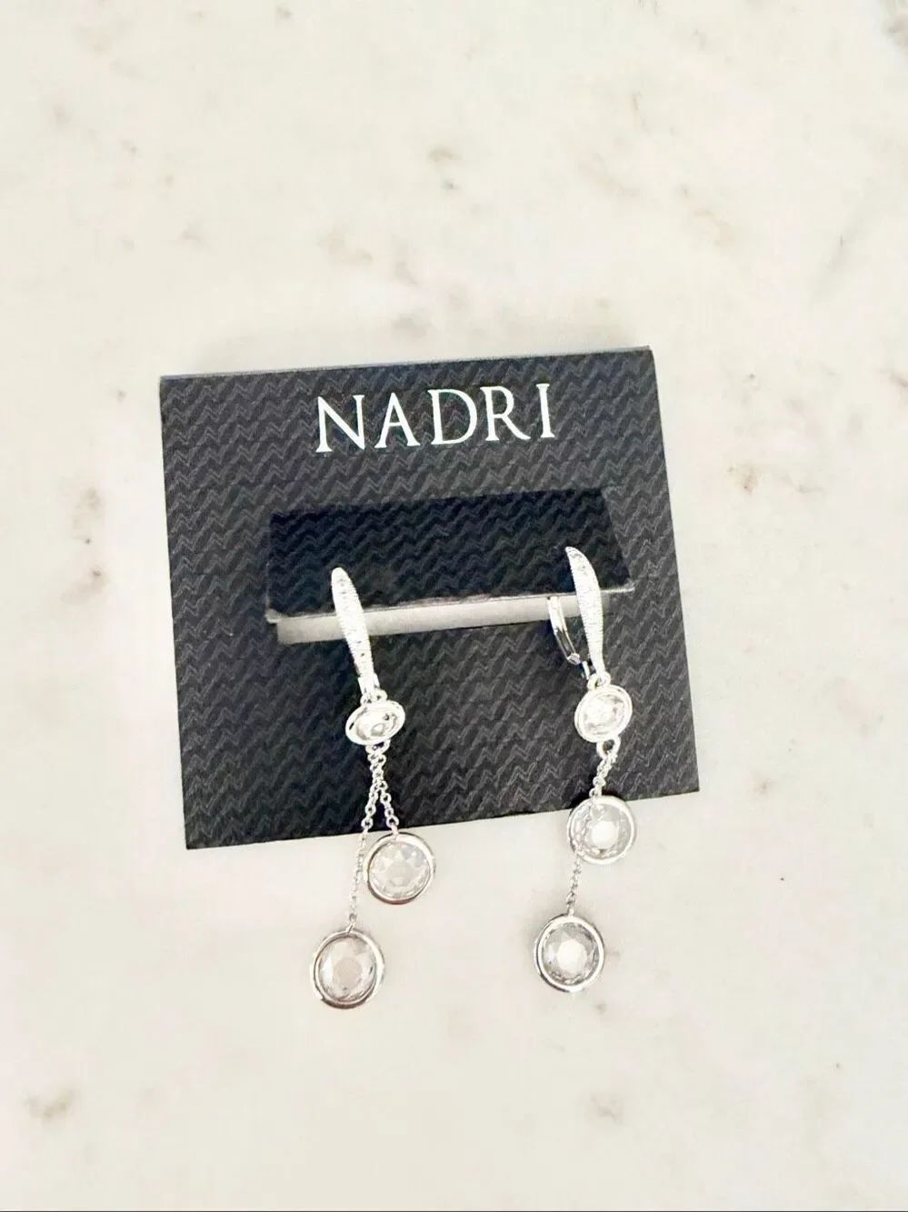 Nadri Crystal Bezel Drop Earrings Silver Tone CZ Leverback Wedding Bridal